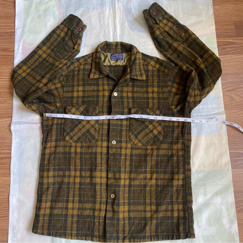 Vintage 60s Pendleton 100% Virgin Wool Plaid Shirt - Mustard/Olive/Brown Men’s L - Picture 2 of 16